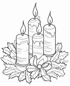 Black and white coloring page in details, clean and simple line, christmas candles,