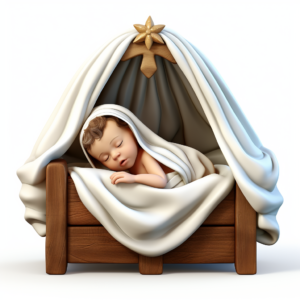 baby jesus born in manger peacefully 3d clipart illustration, hyperrealistic, white background