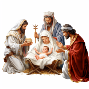 baby jesus in manger with 3 wise men presenting gift in awe 3d clipart illustration, hyperrealistic, white background