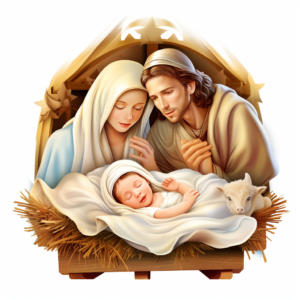 baby jesus sleeping in manger with happy parents 3d clipart illustration, hyperrealistic, white background