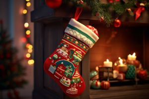 shot by DSLR, Create a photo of a sock with a warm Christmas feel. Imagine a scene with a sock hanging by a fireplace. The socks are colorful and decorated, with motifs of characters such as Santa Claus and snowmen. The socks are filled with presents and candy, and the atmosphere should be warm and festive., hyper realistic
