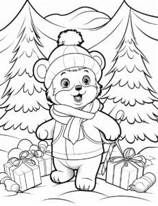 cute cartoon coloring book page, thick simple lines, white background, Woodland animals decorating a Christmas tree