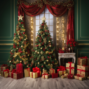 red green and gold christmas backdrop realistic tree gifts bokeh ornaments room drapery — ar 16:9