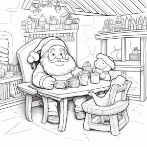 childrens coloring page, simple, christmas scene, santa sitting at a table, cartoon style, thick lines, low detail, no shading, black and white--ar 9:11
