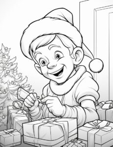 cartoon santa elves and workshop making toys christmas theme kids coloring page crisp thick lines black and white illustration low details