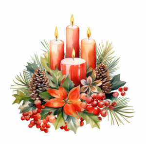 watercolor masterpiece christmas candle christmas floral arrangement, warm and heartwarming colors, on a white background