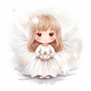 simple cute cartoon christmas angel in kawaii style. dressed in white. with a halo. watercolour effect for clipart