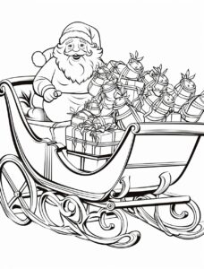 very large print close-up simple very easy Santa Claus sleigh full of presents black-and-white coloring book page, white background