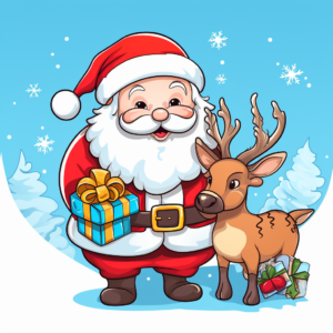 Coloring book christmas day with santa claus and cute deer