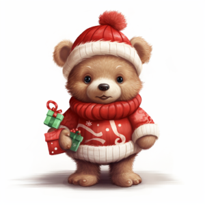 christmas teddy santa claus bear with an ugly sweater, digital painting, white background