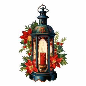 Vintage Christmas lantern, Chromolithograph, Die Cut, 1920s Illustration, Vintage, Colorful, Antique, Ephemera, Clipart, 8k, Isolated on white background,