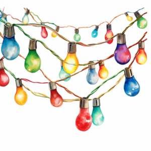 multi colored chirstmas lights string, vintage travel poster, isolated on white background, watercolor, high detail, HDR, unique, intricate detail, hand - painted
