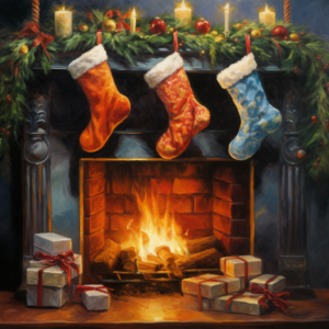 christmas socks hanging on fire place, oil painting