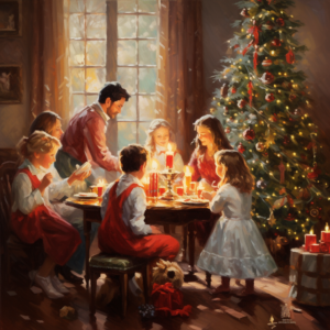 Christmas everyone arranges the scene together, oil painting, family, cartoon, clip art,