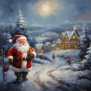 christmas, oil painting, cartoon, santa claus, landscape