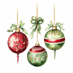 clean christmas Ornaments handdrawn, clean drawing, watercolour, white background, red and green, maximum resolution, detailed, 4K