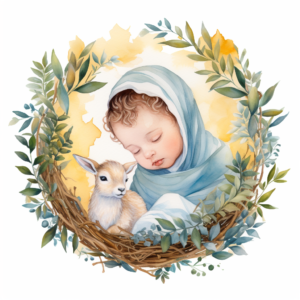 Watercolor of Baby Jesus in a manger, surrounded by olive branches and peace symbols on a white background.