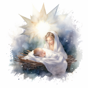 Watercolor of the Star of Bethlehem shining brightly over Baby Jesus in a manger on a white background.