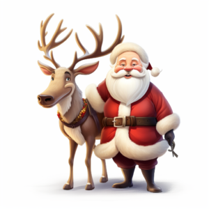 santa with a reindeer, cartoon, white background