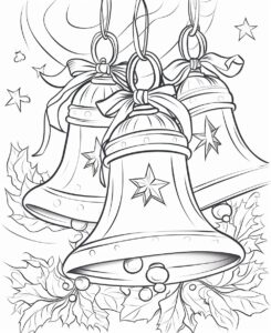 coloring page for kds, christmas bells and stars, cartoon style, thick lines, low detail ,no shading