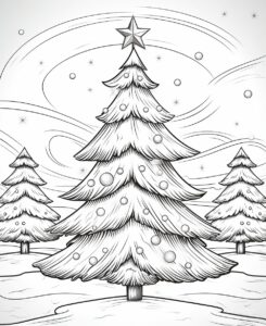 coloring page for kids, christmas with michael a Christmas tree with a star , cartoon style, thick lines, low detail ,no shading