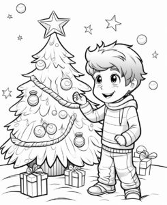 coloring page for kids, christmas with michael a Christmas tree with a star , cartoon style, thick lines, low detail ,no shading