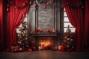 beautiful room interior, wall with red curtains, Christmas, Christmas trees, Christmas tree lights, lanterns
