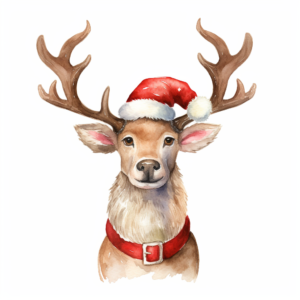 christmas reindeer with a santa claus hat, in the style of watercolor, isolated on white solid background