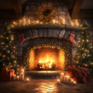Create a warm golden lit Hallmark style image of a large stone fireplace at Christmas, decorated with garland, roaring fire with cozy quilts and pillows inviting to the viewer for digital background 4k