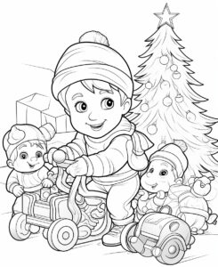 coloring book for kids, Christmas toys, children playing , different poses, cartoon style, thick lines, low detail, no shadding