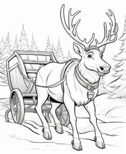 coloring book for kids, reindeer pulling sleigh, full body, cartoon style, thick lines, low detail, no shadding