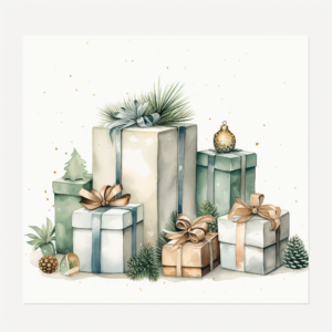 Christmas gifts in watercolour in muted colours minimalist on white background