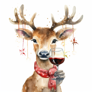 a watercolor illustration of a christmas reindeer drinking a glass of wine with christmas lights, clipart, isolated on a pure white background