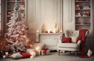 christmas decorated living room with decorations and stockings, in the style of uhd image, soft and dreamy atmosphere, red and gray, captivating, cute and dreamy, nostalgic, clear edge definition