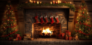 christmas tree fireplace indoor stock photo, in the style of vibrant stage backdrops, wood, cottagecore