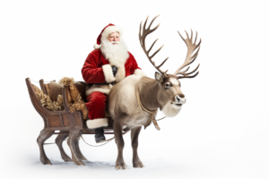 santa claus on reindeer with wand, isolated on white with white space stock photo reklamn, in the style of sergey musin, historical subjects, the helsinki school, uhd image, photo-realistic hyperbole, 1970–present, dau al set
