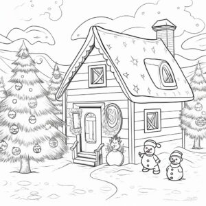 coloring book page for small kids, simple images of Christmas scenes, Minimal detail, Create a Christmas coloring page with bold outlines, ensuring a white background for easy coloring, black and white only