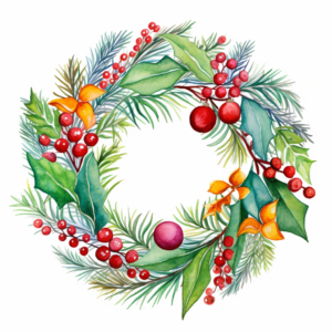 christmas wreath, clipart, watercolor, diversity, colorful, detailed, white background
