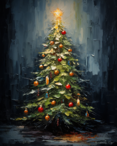 Impasto oil painting of a decorated Christmas tree is a gloomily lit room, dark gray walls, cottagecore style painting, little incandescent lights or candles light up the christmas tree