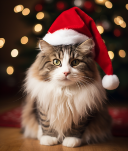 Norwegian Forest cat in a Santa hat