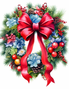 colorful Festive Winter Wreath with Bow, as much colors as possible, vivid, cartoon style