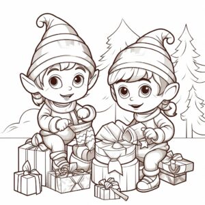 Coloring page for kids, Christmas elves making toys, thick lines, minimal details, no shading, cartoon - ar 9:11