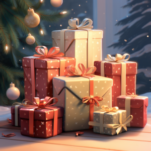 christmas gifts under of a christmas tree, in the style of dark red and light beige, zbrush, light gray and light brown, depictions of inclement weather, minolta riva mini, cute cartoonish designs, photo-realistic techniques