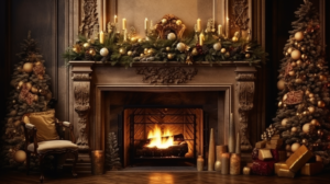 christmas fireplace background for the living room or bedroom, in the style of cinematic sets, photo-realistic techniques, atmospheric scenes, antique subjects