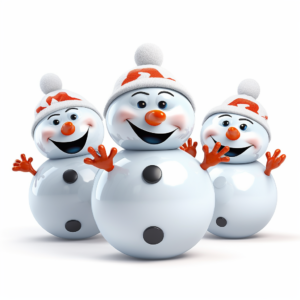 3 snowman throwing snowballs, mascot logo, snow company. 3d cartoon, pixar style, white background