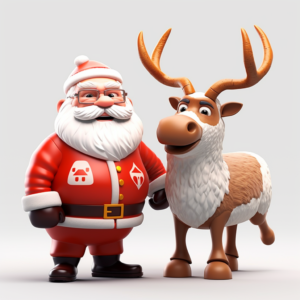 santa with rudolph, mascot logo, snow company. 3d cartoon, pixar style, white background,
