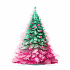 A green and hot pink glitzy Christmas tree vector style on white background, sketchfab, alan lee, concept art, realistic painting style, high details, texture - rich, pastel vintage colors, 32k uhd, Vectorized with blank background, product placement