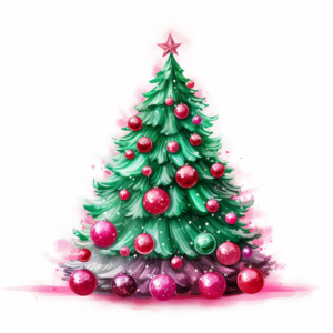 A green and hot pink glitzy Christmas tree vector style on white background, sketchfab, alan lee, concept art, realistic painting style, high details, texture - rich, pastel vintage colors, 32k uhd, Vectorized with blank background, product placement