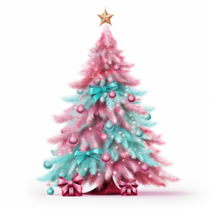 A pink and light turquoise glitzy Christmas tree vector style on white background, sketchfab, alan lee, concept art, realistic painting style, high details, texture - rich, pastel vintage colors, 32k uhd, Vectorized with blank background, product placement