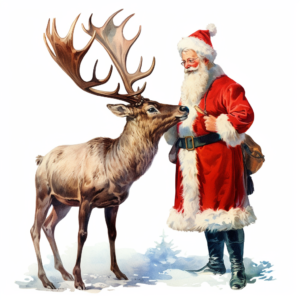 Vintage christmas Santa Claus petting a Reindeer, Chromolithograph, watercolor, Die Cut, 1920s Illustration, Vintage, Colorful, Antique, Ephemera, Clipart, 8k, Isolated on white background